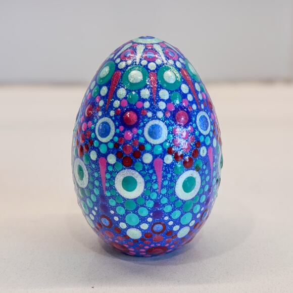 Hand-Painted Wooden Egg With Mandala Dot Design, Blue and Purple Hues - Picture 3 of 6
